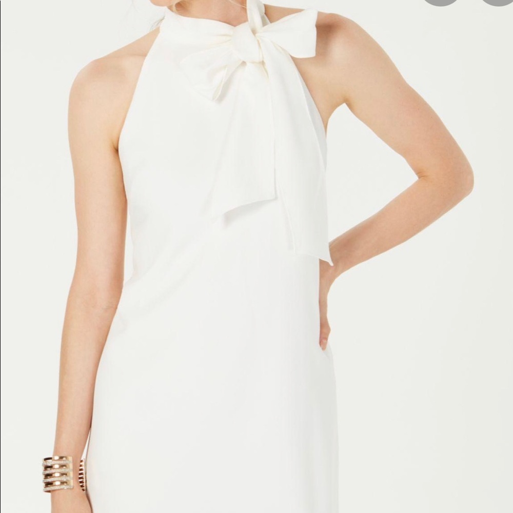 White high-neck bow dress